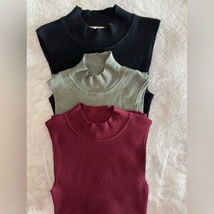 Pink Republic - Three Ribbed Mock Turtleneck Tops - Burgundy/Green/Black. Large